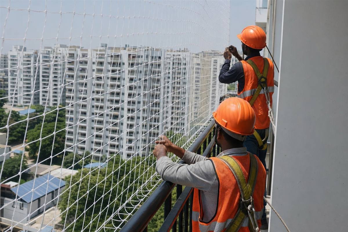Safe Guard installers fitting a safety net on a Bangalore apartment balcony